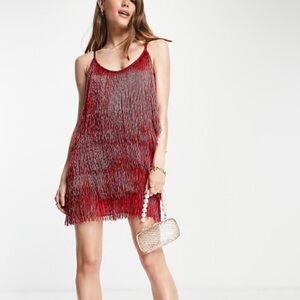 ASOS Design Fringed beaded red mini  dress ❤️